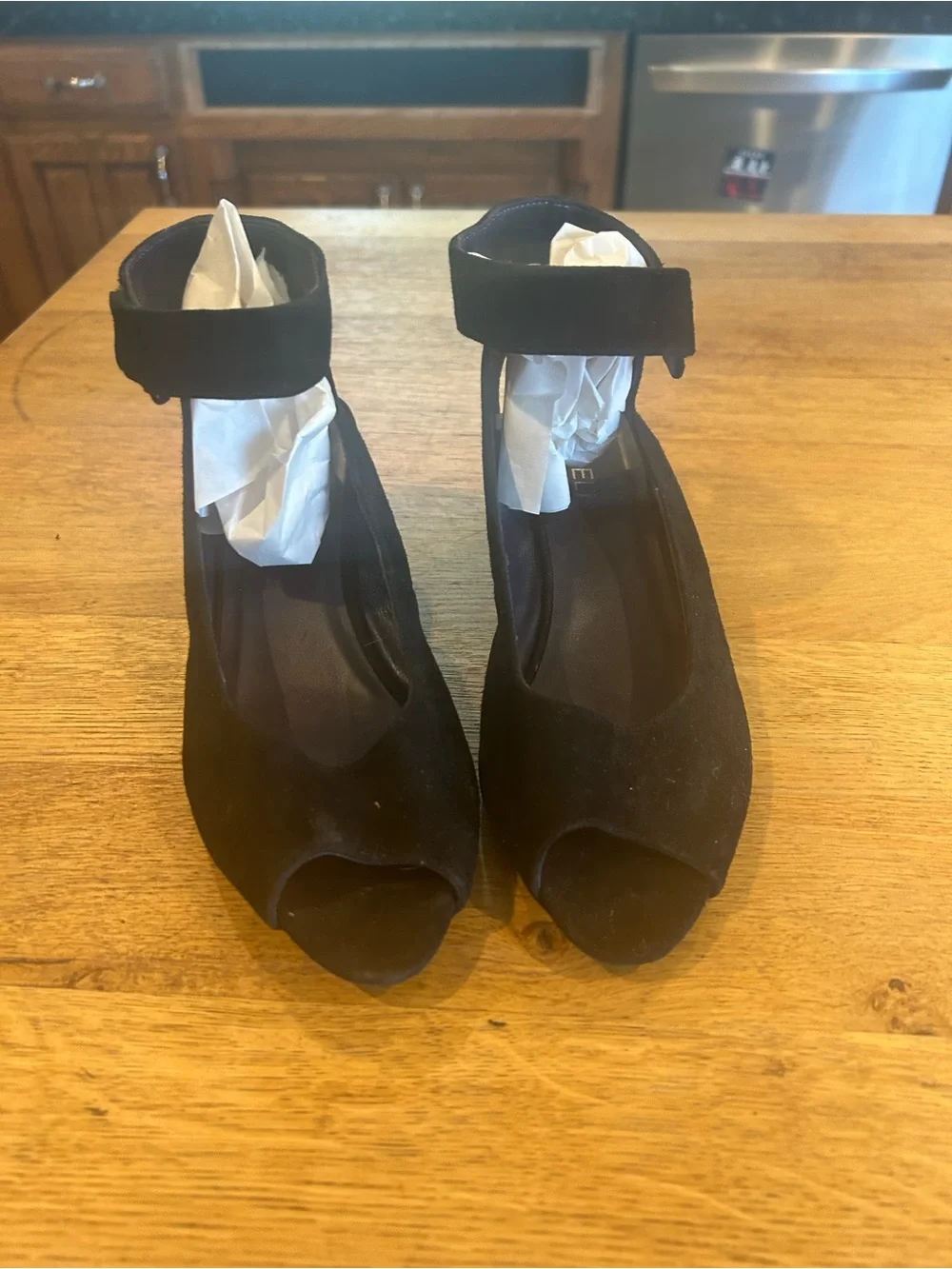 Vaneli Black Suede Peep-Toe Wedge Sandals with Ankle Strap